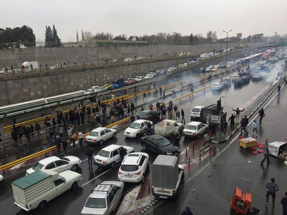 PHOTO: People block a highway during protests over gas price in Tehran, Iran, Nov. 16, 2019.