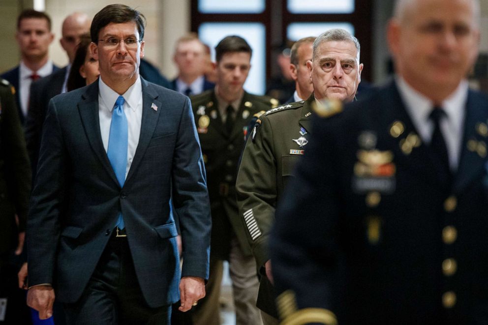 PHOTO: Secretary of Defense Mark Esper and Chairman of the Joint Chiefs of Staff Mark Milley arrive to brief lawmakers on U.S. engagements with Iran in the U.S. Capitol in Washington, Jan. 8, 2020.