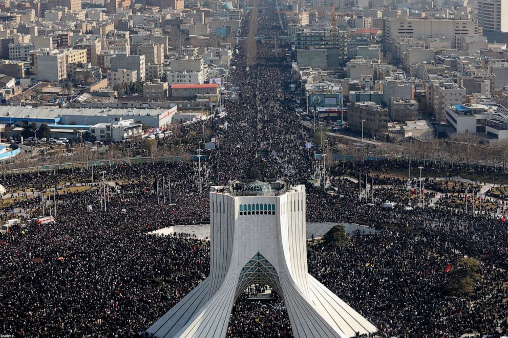 PHOTO: Iranian mourners fill the streets for a funeral procession in Tehran on Jan. 6, 2020, for Gen. Qassem Soleimani who was killed in a U.S. drone strike in Iraq.