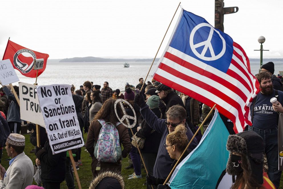 PHOTO: Anti-war demonstrators rally on Jan. 4, 2020, in Seattle. Demonstrators rallied across the U.S. Saturday in response to increased tensions in the Middle East as a result of a U.S. airstrike that killed an Iranian general last week.