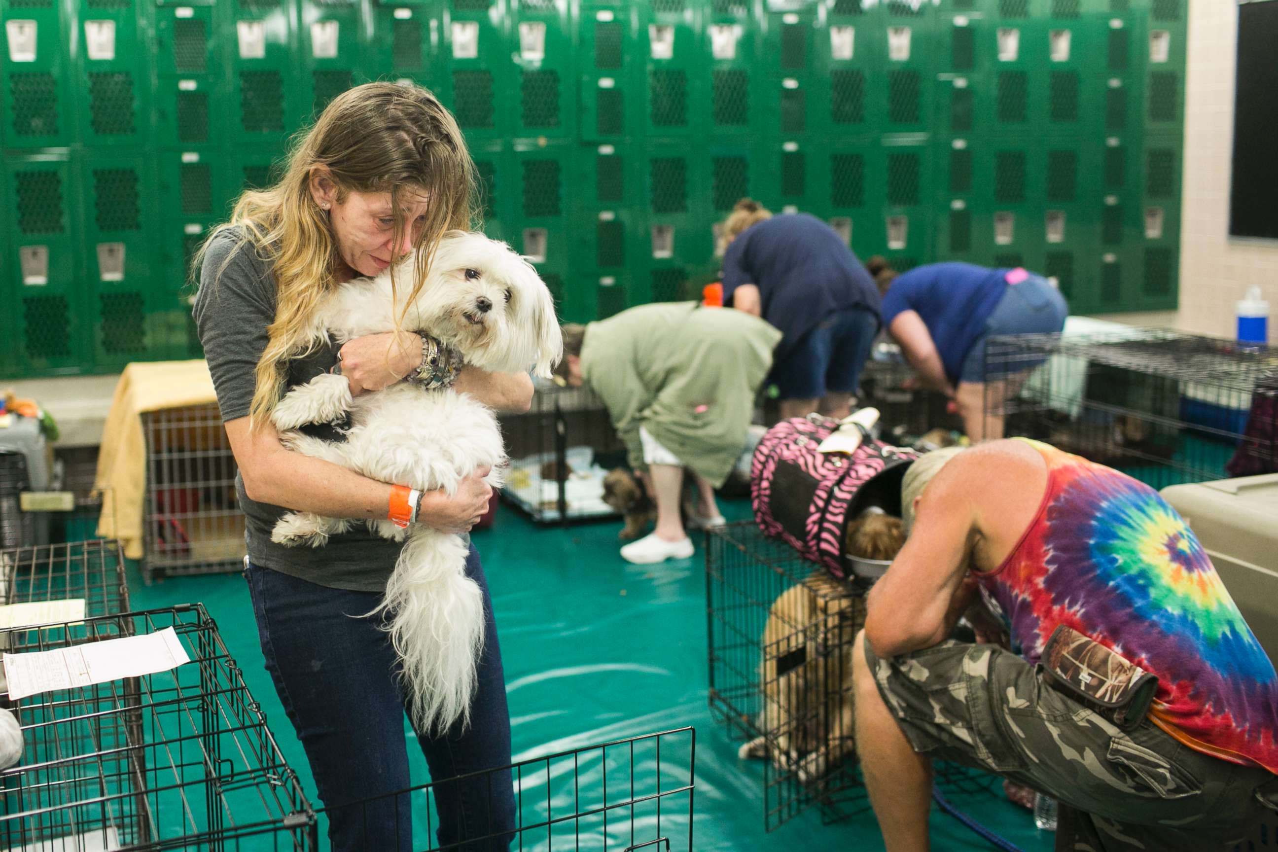 PHOTO: Samantha Belk says goodbye to her maltese, Gardolf until after the hurricane in a locker room at John Hopkins Middle School on Sunday, Sept. 10, 2017, in St. Petersburg, Fla.