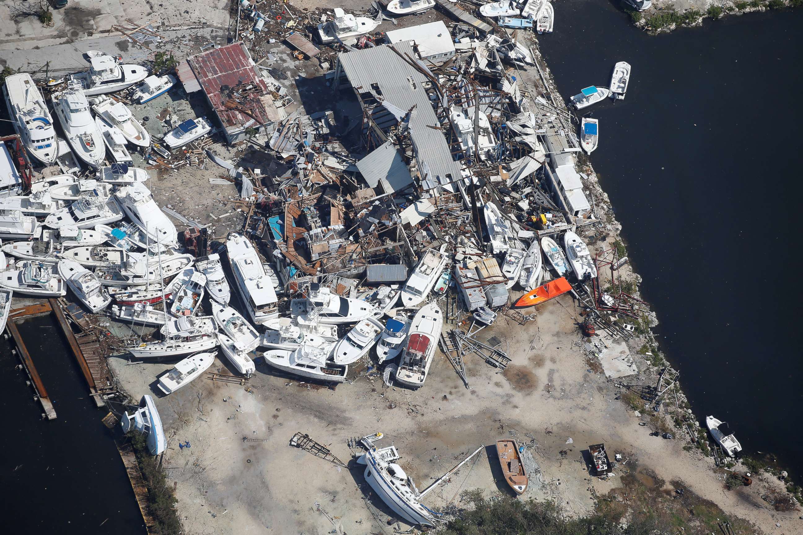 PHOTO: A destroyed marina is pictured in an aerial photo in the Keys in Marathon, Fla., Sept. 13, 2017.