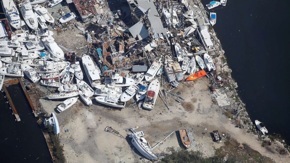 PHOTO: A destroyed marina is pictured in an aerial photo in the Keys in Marathon, Fla., Sept. 13, 2017.