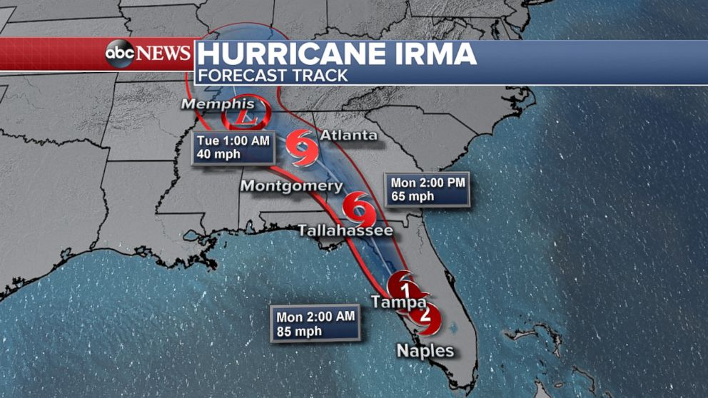 PHOTO: A map released late on Sept. 10, 2017 shows the forecast track for Hurricane Irma.