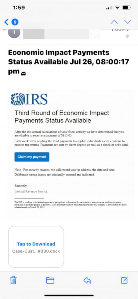 PHOTO: A scam e-mail from the IRS shows a Child Tax Credit scam.