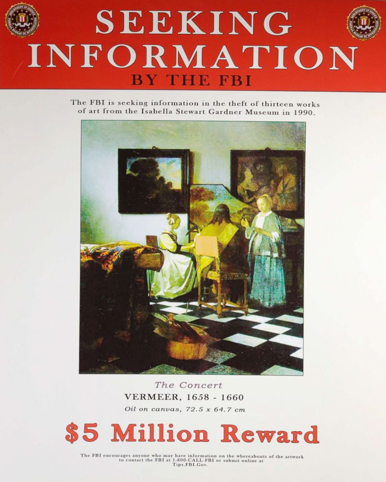 PHOTO: This March 18, 2013 copy photo of a poster provided by the FBI, shows a likeness of the stolen Vermeer painting, "The Concert," that was stolen from Boston's Isabella Stewart Gardner Museum in 1990. 
