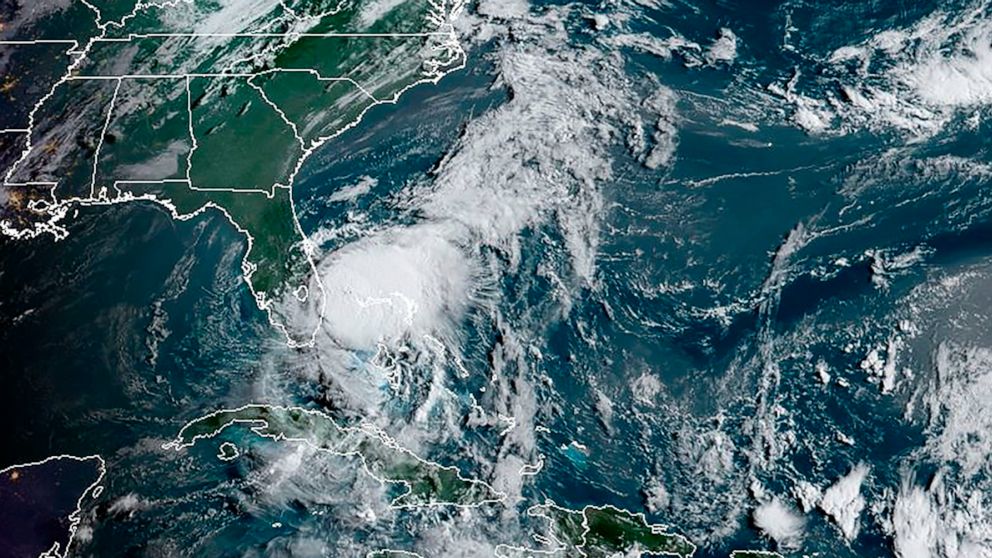 PHOTO: This RAMMB/NOAA satellite image obtained, Aug. 2, 2020, shows Tropical storm Isaias off the US southeast coast of Florida in the Atlantic Ocean. 