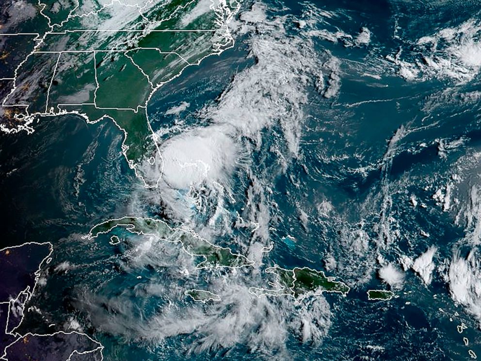 PHOTO: This RAMMB/NOAA satellite image obtained, Aug. 2, 2020, shows Tropical storm Isaias off the US southeast coast of Florida in the Atlantic Ocean. 