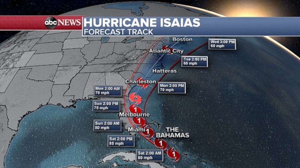 PHOTO: Isaias' track shifted slightly west on Friday, closer to Florida.