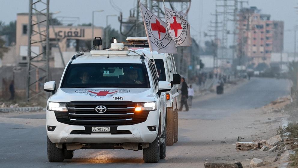 PHOTO: Red Cross transports the body of a deceased hostage in Deir Al-Balah, in the central Gaza Strip, October 30, 2025. 