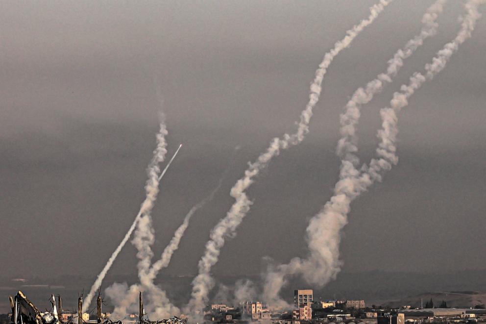 PHOTO: This picture taken from the southern Gaza Strip shows a rocket fired at Israel and smoke trails on Dec. 3, 2023. 