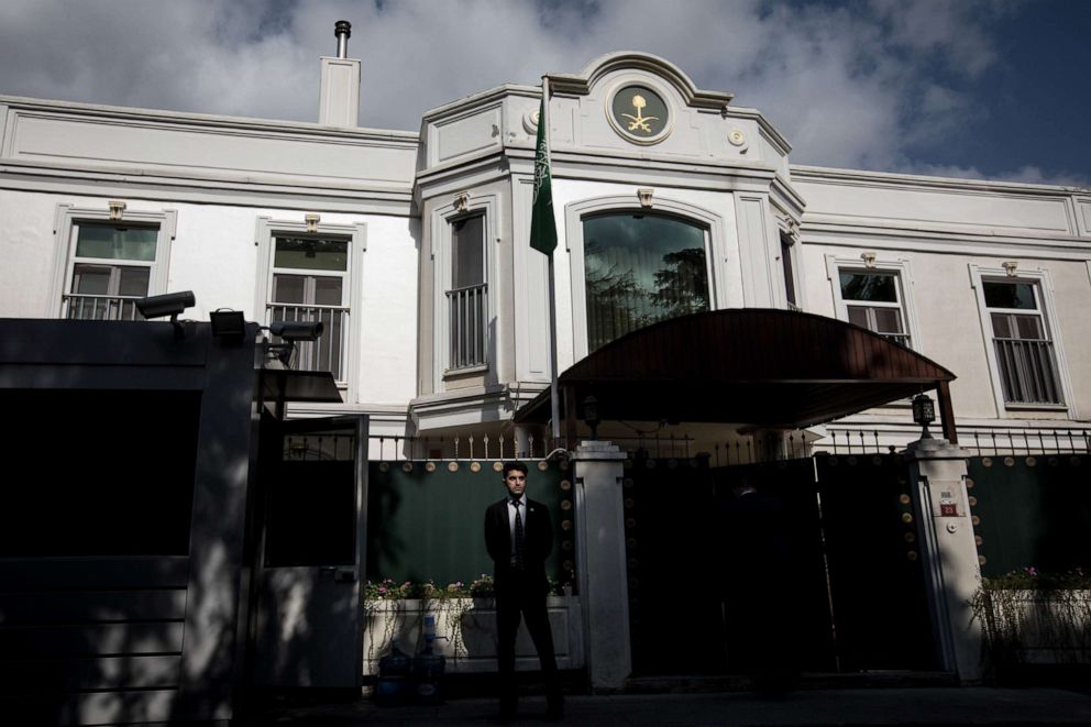 PHOTO: In this Oct. 16, 2018, file photo, a consulate security guard stands in front of the entrance of Saudi Arabia's Consul-General's residence amid a growing international backlash to the disappearance of journalist Jamal Khashoggi in Istanbul.