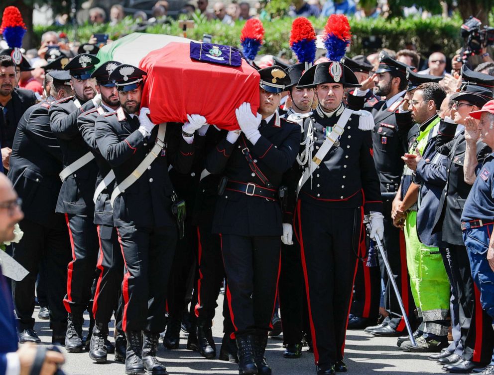 PHOTO: The coffin containing the body of Carabinieri's officer Mario Cerciello Rega is carried to his funeral in his hometown of Somma Vesuviana, near Naples, Italy, July 29, 2019.