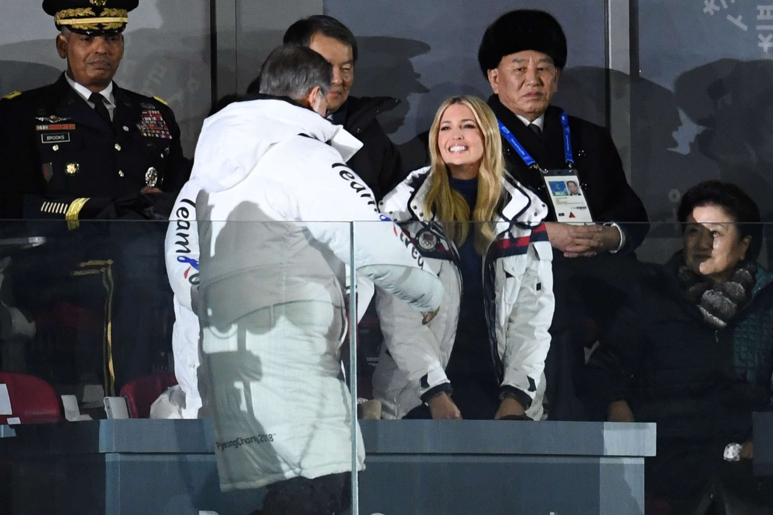 PHOTO: South Korea's President Moon Jae-in greets Ivanka Trump as North Korean General Kim Yong Chol, rear right, looks on during the closing ceremony of the Pyeongchang 2018 Winter Olympic Games, Feb. 25, 2018.