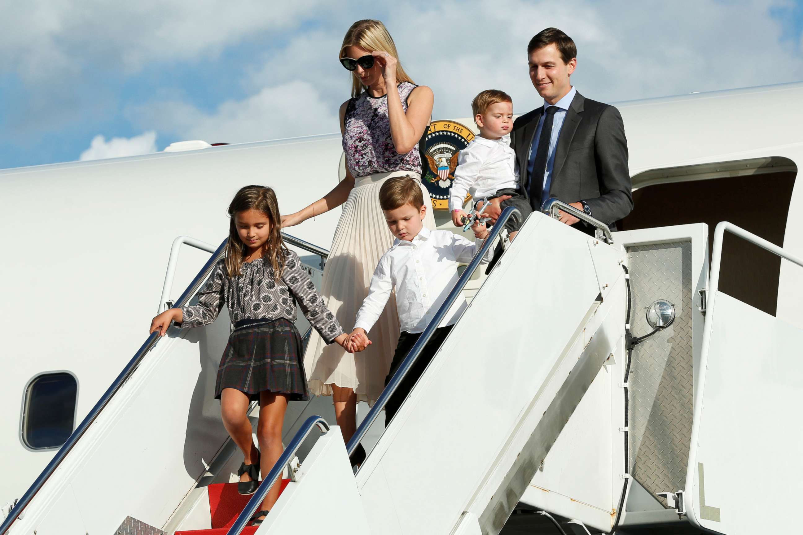 PHOTO: Ivanka Trump with her husband Jared Kushner and their children arrive at Morristown municipal airport, N.J., to spend a weekend with President Donald Trump in Bedminster, Sept. 15, 2017. 