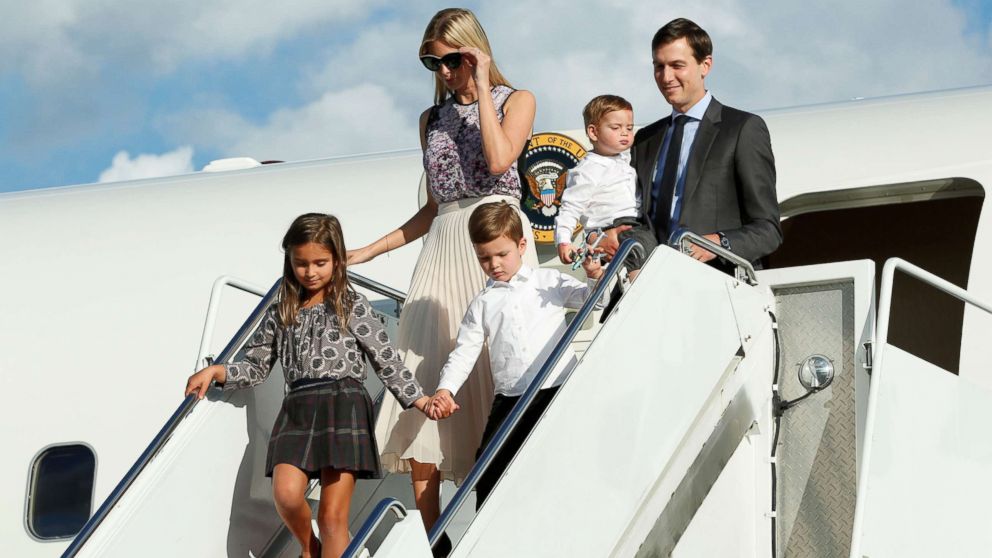 PHOTO: Ivanka Trump with her husband Jared Kushner and their children arrive at Morristown municipal airport, N.J., to spend a weekend with President Donald Trump in Bedminster, Sept. 15, 2017. 