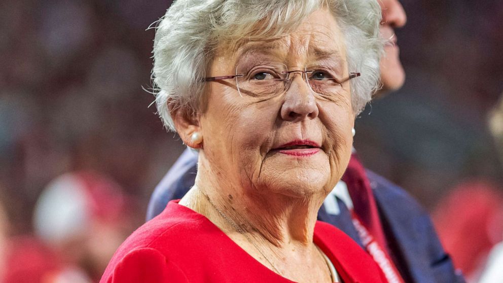 PHOTO: Alabama Gov. Kay Ivey visits for homecoming festivities during the first half of an NCAA college football game between Alabama and Arkansas, in Tuscaloosa, Ala., Oct. 26, 2019.