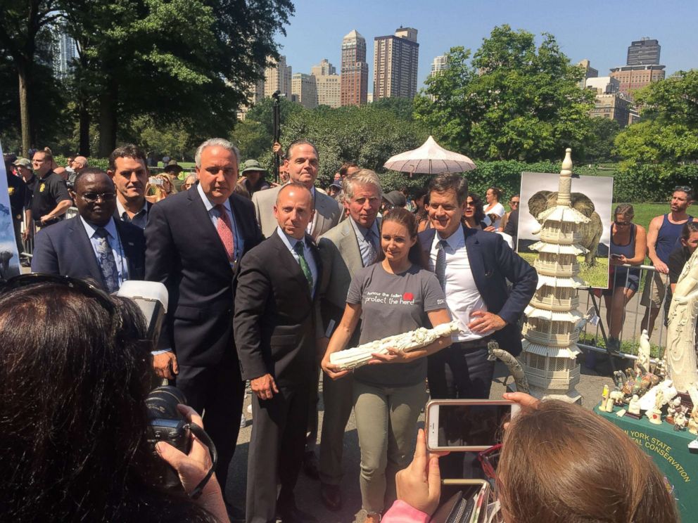 PHOTO: Actress Kristin Davis holding an ivory statue alongside government and conservation officials before the ivory crush, Aug. 3, 2017.