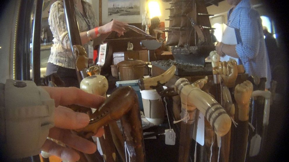 PHOTO: Elephant ivory-handled canes for sale offer by the Natucket Antiques Depot at the New Bedford Whaling Museums's annual nautical antiques show, May 10, 2019.