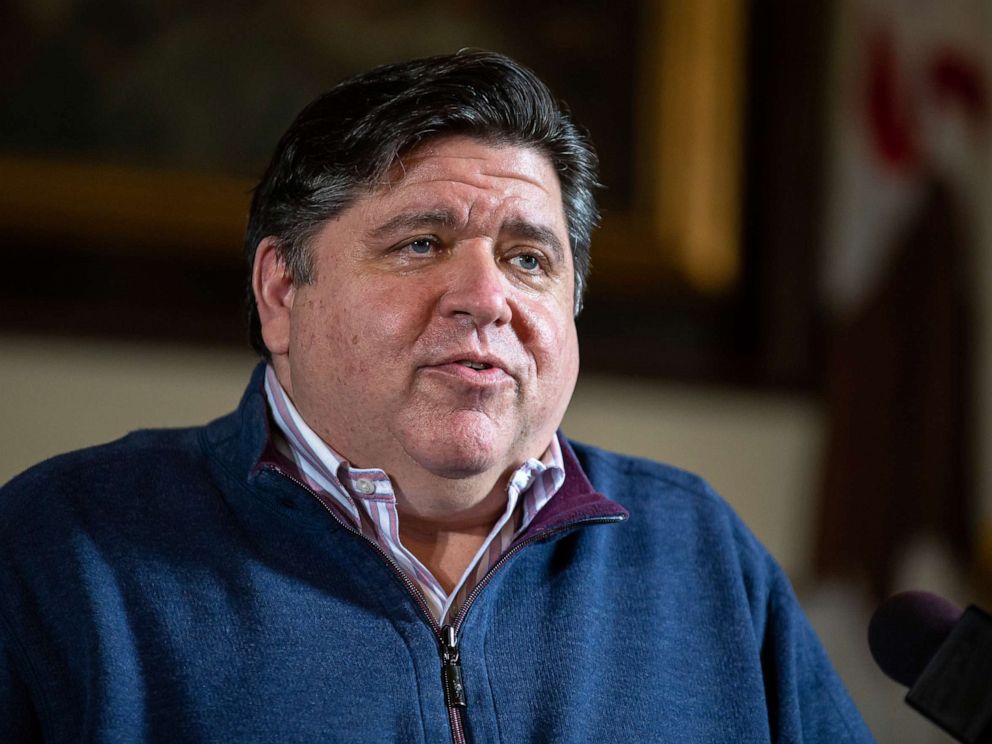 PHOTO: Illinois Gov. JB Pritzker answers questions during his daily press briefing on the COVID-19 pandemic held in his office at the Illinois State Capitol, Thursday, May 21, 2020, in Springfield, Ill.