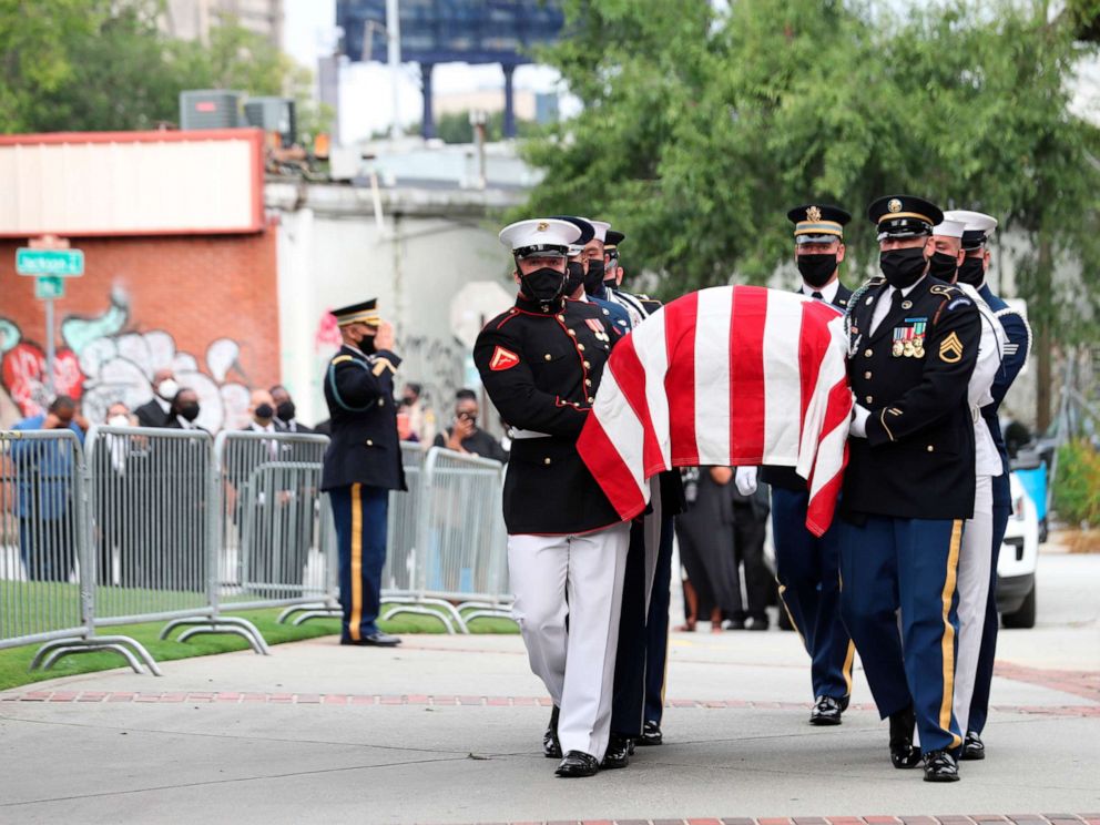 PHOTO: An Honor Guard carries the casket of the late Rep. John Lewis for the funeral service at Ebenezer Baptist Church in Atlanta, July 30, 2020.