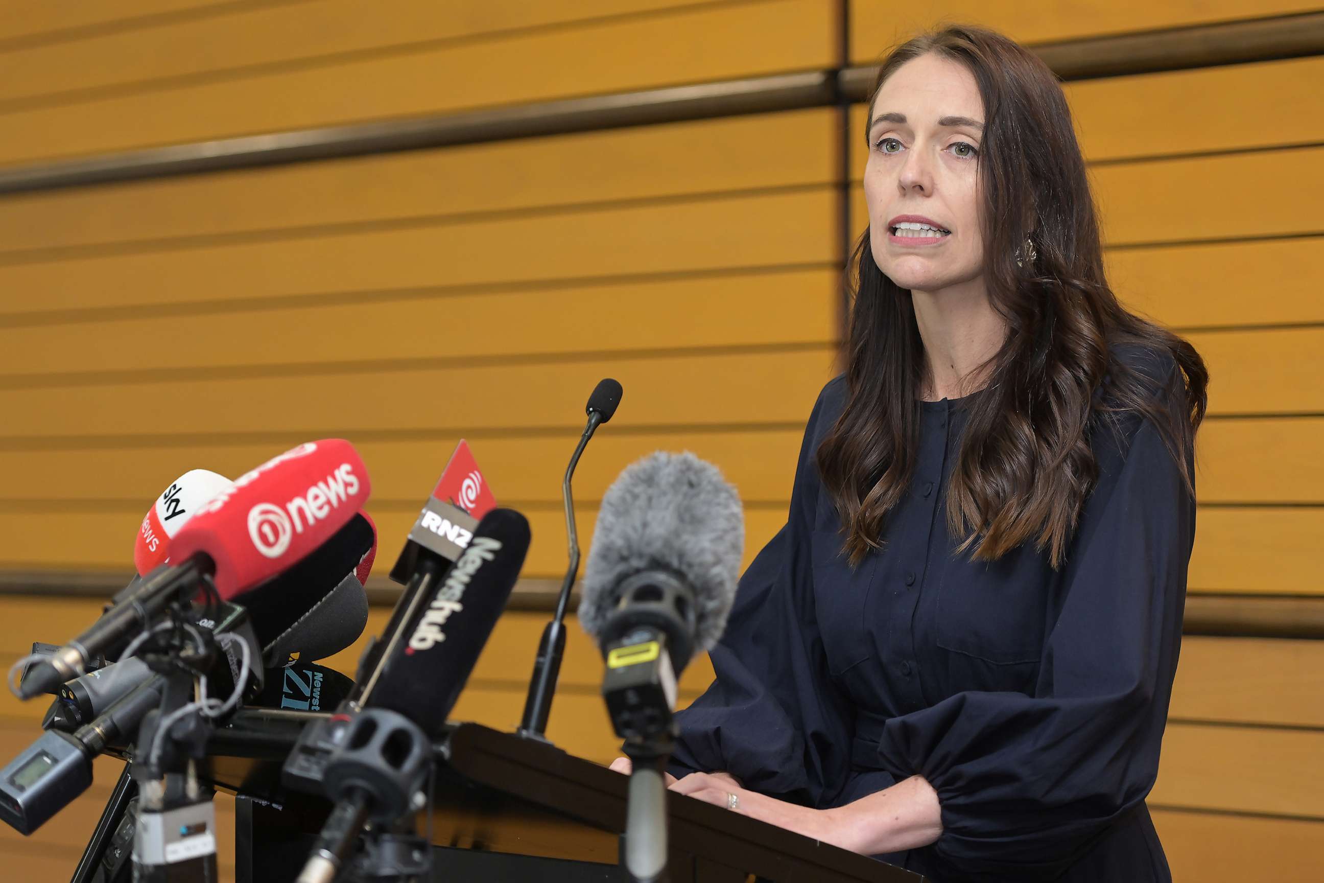 PHOTO: Prime Minister Jacinda Ardern announces her resignation at the War Memorial Centre on Jan. 19, 2023, in Napier, New Zealand.