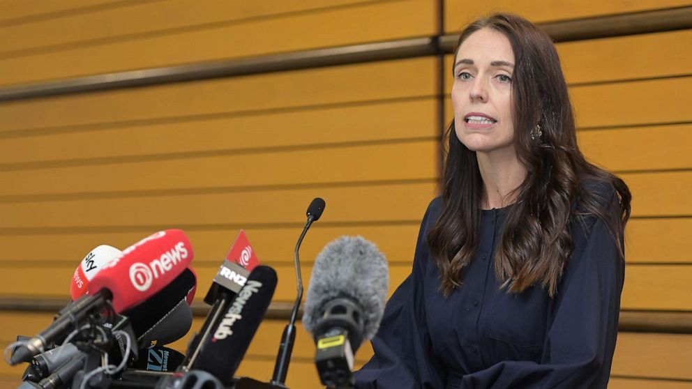 PHOTO: Prime Minister Jacinda Ardern announces her resignation at the War Memorial Centre on Jan. 19, 2023, in Napier, New Zealand.