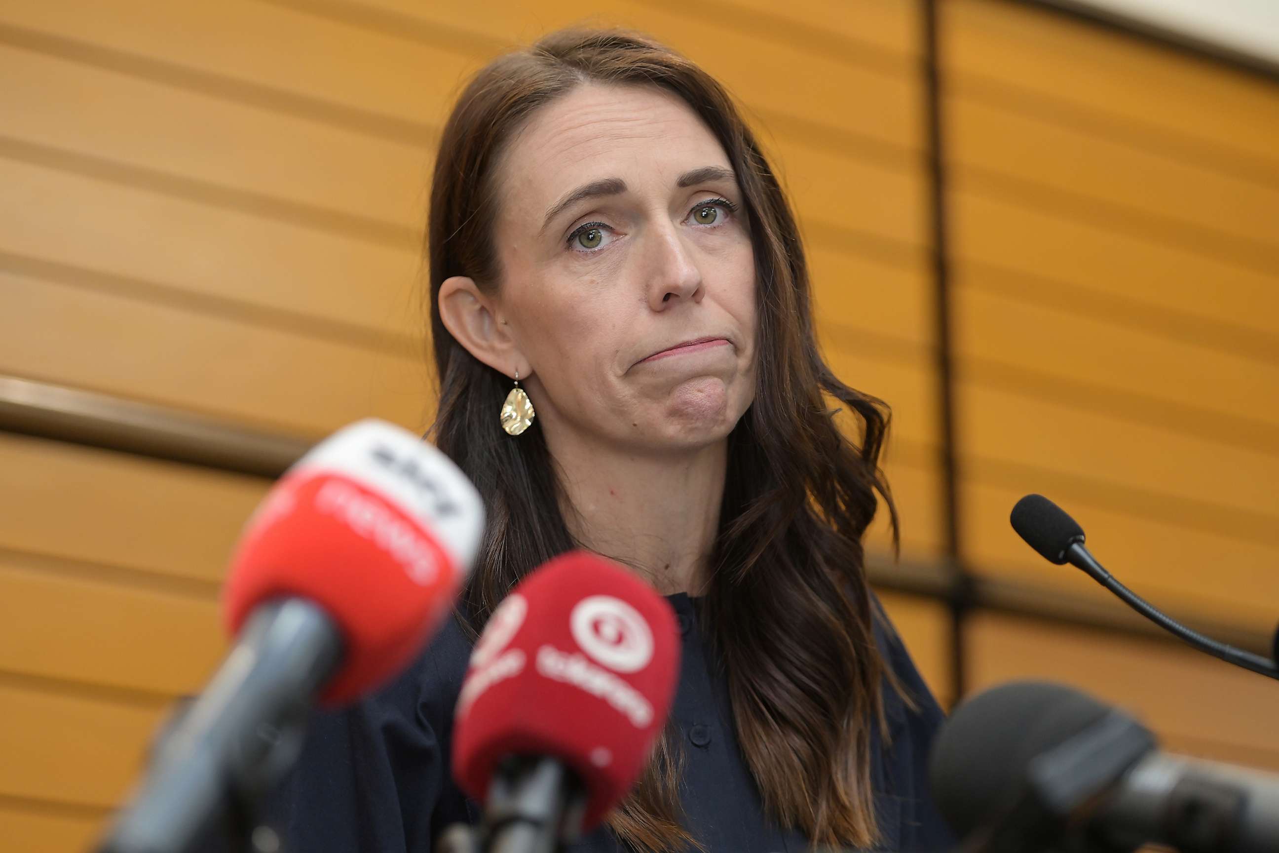 PHOTO: Prime Minister Jacinda Ardern announces her resignation at the War Memorial Centre on Jan. 19, 2023, in Napier, New Zealand.