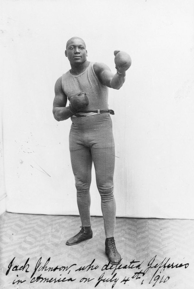 PHOTO: American boxer Jack Johnson (1878 - 1946), is pictured July 4, 1910. Johnson was the first African-American World Champion, after he defeated Jim Jeffries in Reno, Nevada.