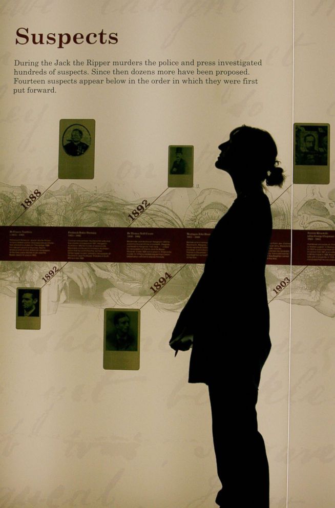 PHOTO: A visitor looks at an illuminated wall of historic images of Jack the Ripper suspects during a press preview of the "Jack the Ripper and the East End" exhibition at Museum in Docklands, in London, May 14, 2008.