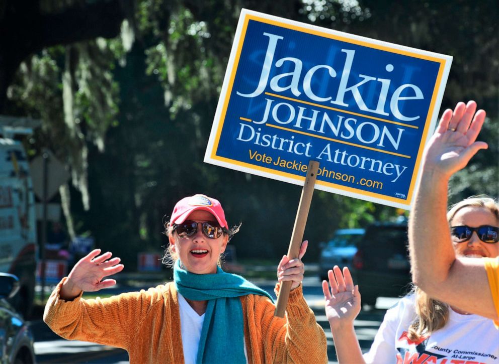 PHOTO: In this Nov. 3, 2020, file photo, District Attorney Jackie Johnson campaigns for reelection on St. Simons Island, Ga.