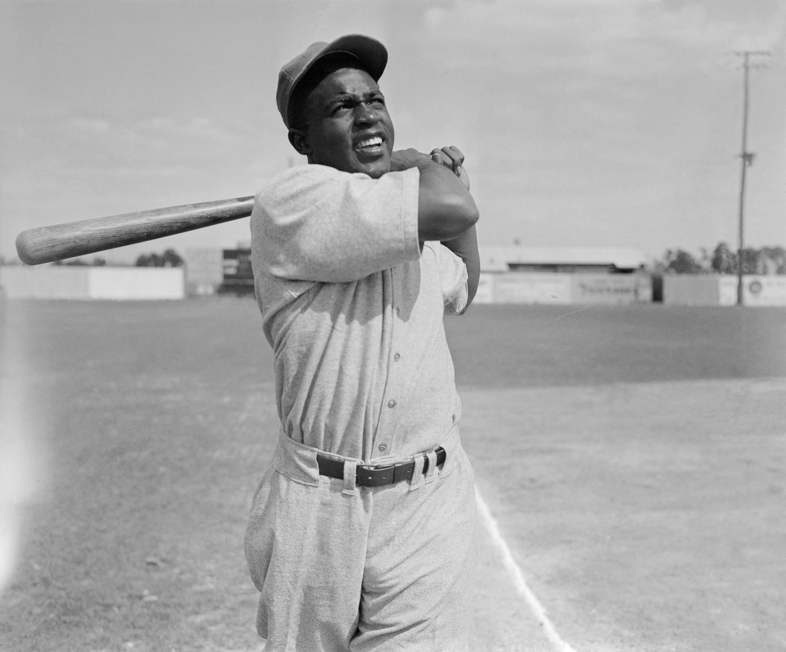 PHOTO: Jackie Robinson's stance at bat while while working out with Montreal Royals during training at Stanford, Fla.