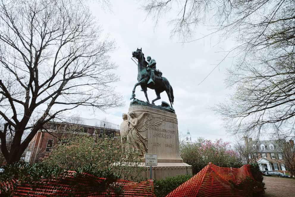 PHOTO: A statue of Confederate General Thomas "Stonewall" Jackson is seen at Justice Park, April 1, 2021, in Charlottesville, Va. 