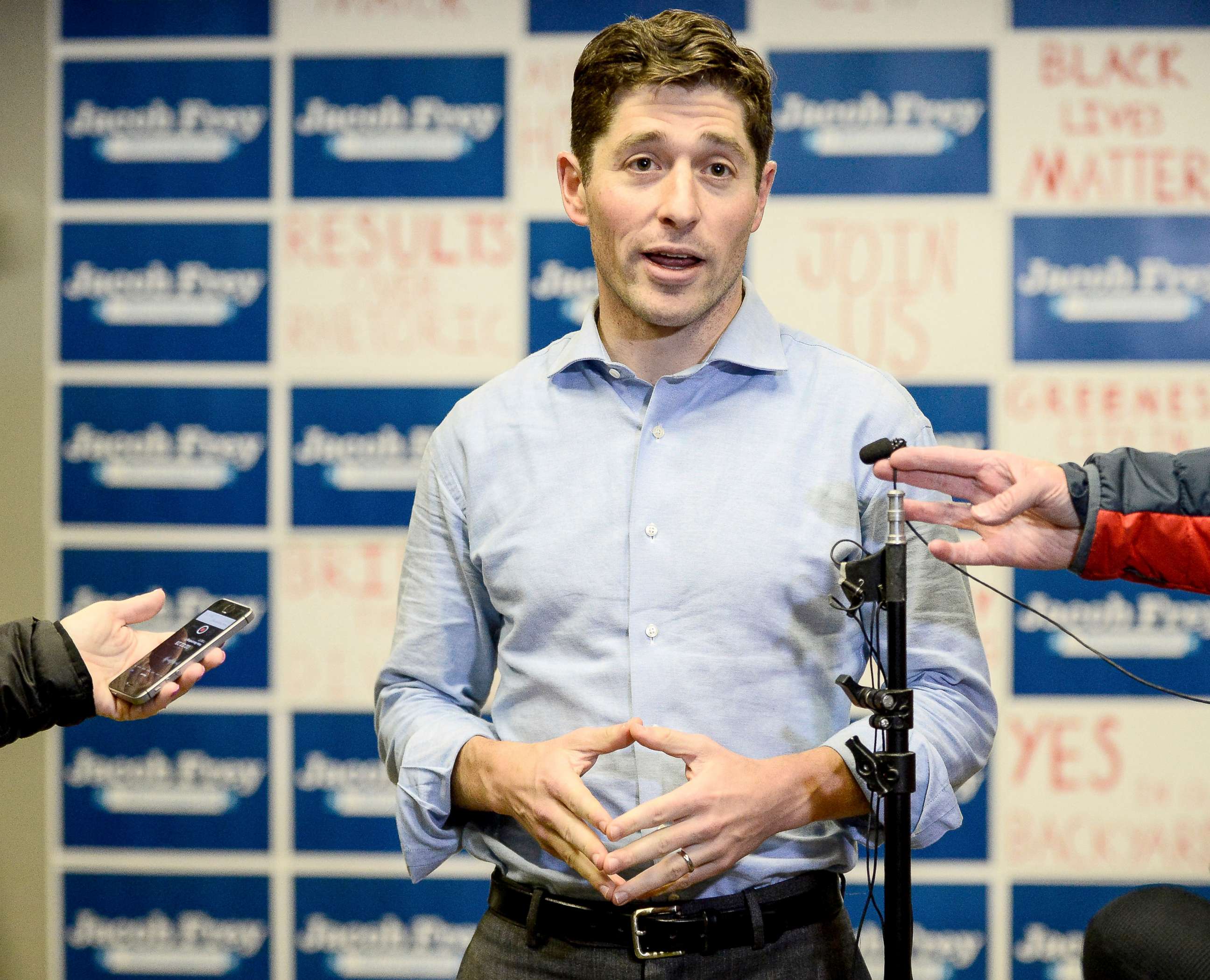 PHOTO: In this Nov. 7, 2017 file photo, Mayoral challenger Jacob Frey talks to the media at his headquarters in Minneapolis.