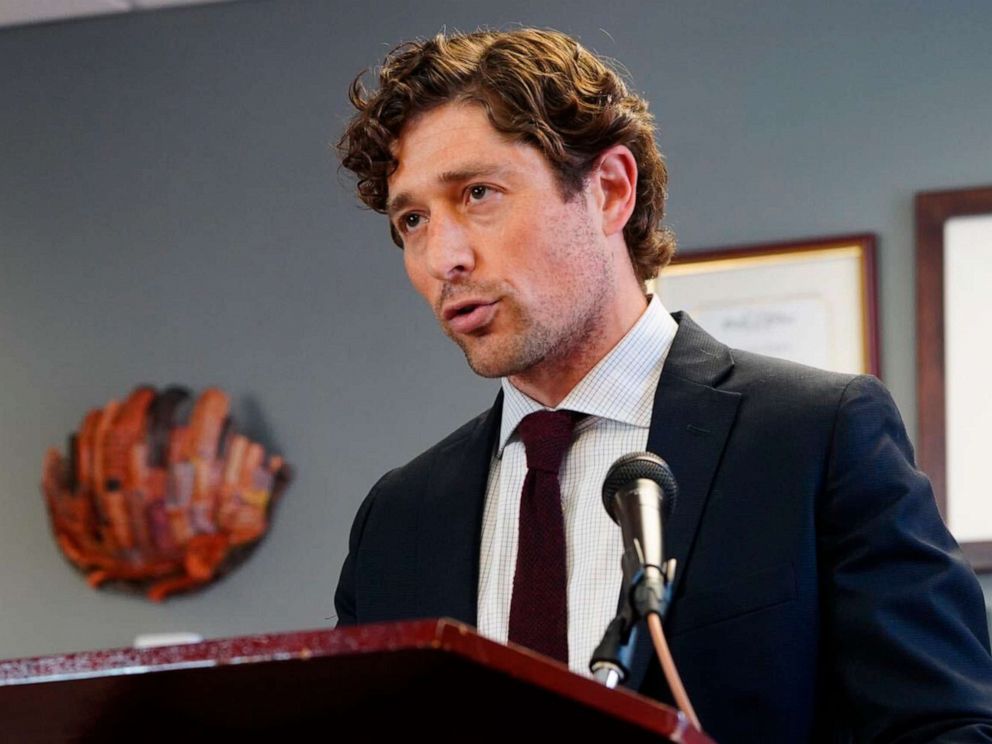 PHOTO: Minneapolis Mayor Jacob Frey calls on Hennepin County attorney Mike Freeman to charge the arresting officer in the death of George Floyd as he speaks during a news conference Wednesday, May 27, 2020, at City Hall in Minneapolis.