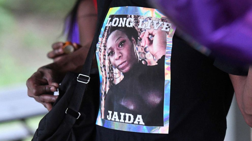 PHOTO: An attendee to a memorial for Jaida Peterson wears a T-shirt with her photo on it, April 9, 2021, at Tuckaseegee Park in Charlotte, N.C.