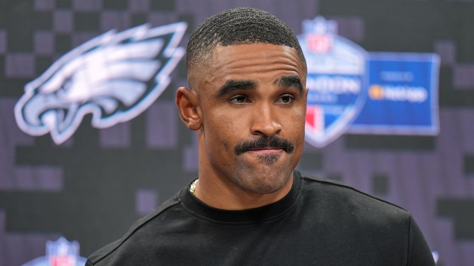 PHOTO: Philadelphia Eagles quarterback Jalen Hurts attends a press conference after an NFL football game against Jacksonville Jaguars in London, Oct. 11, 2026.
