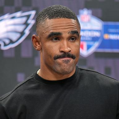 PHOTO: Philadelphia Eagles quarterback Jalen Hurts attends a press conference after an NFL football game against Jacksonville Jaguars in London, Oct. 11, 2026.
