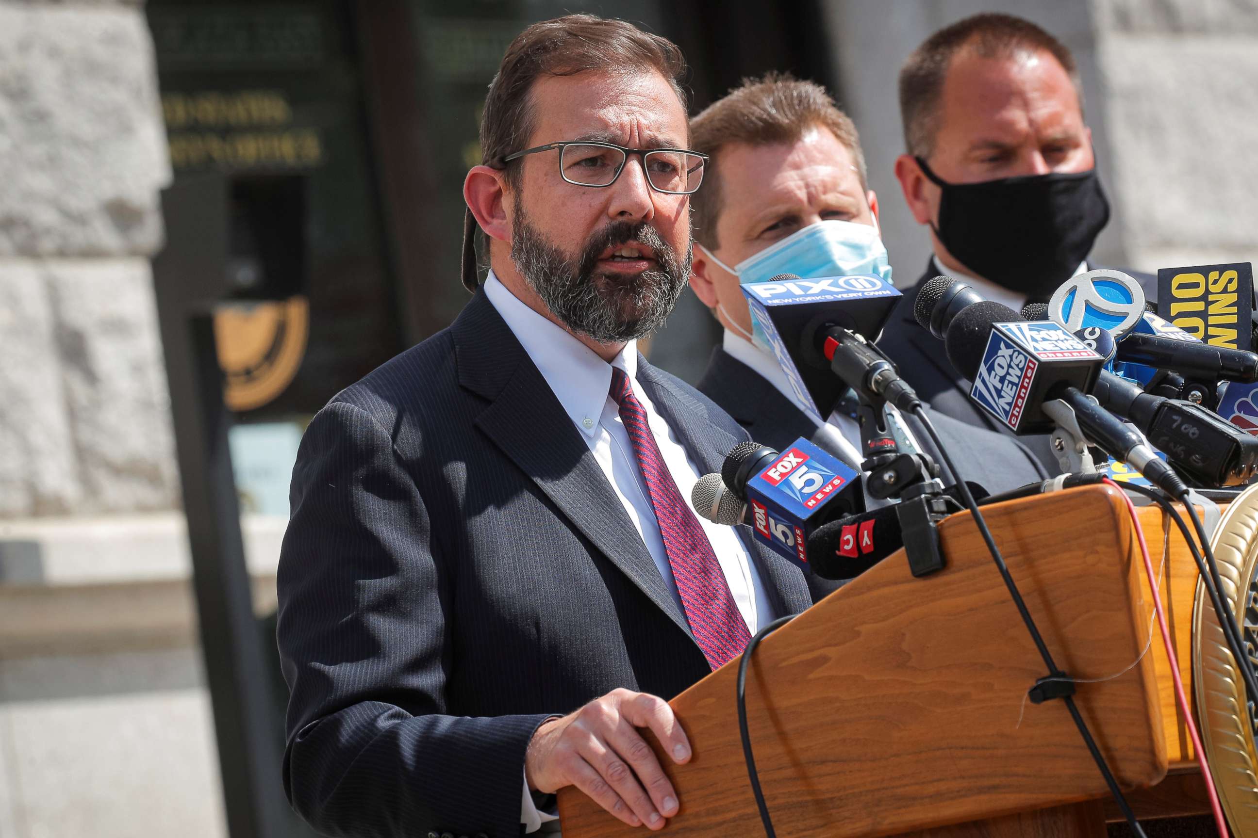 PHOTO: Seth DuCharme, acting U.S. Attorney for the Eastern District of New York, speaks during a news conference about charges relating to the 2002 shooting death of Run-DMC's Jam Master Jay, outside the U.S. Attorney's office in New York, Aug. 17, 2020.