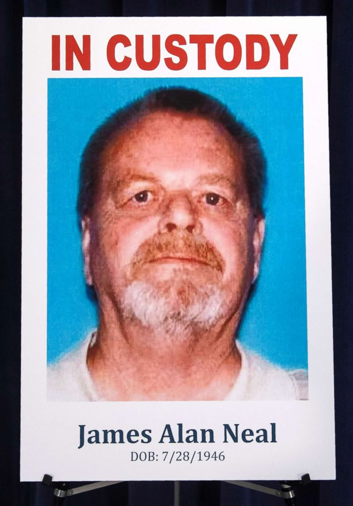 PHOTO: This photo shows a poster of James Neal during a news conference at the Orange County District Attorney's office in Santa Ana, Calif., Feb. 20, 2019. 