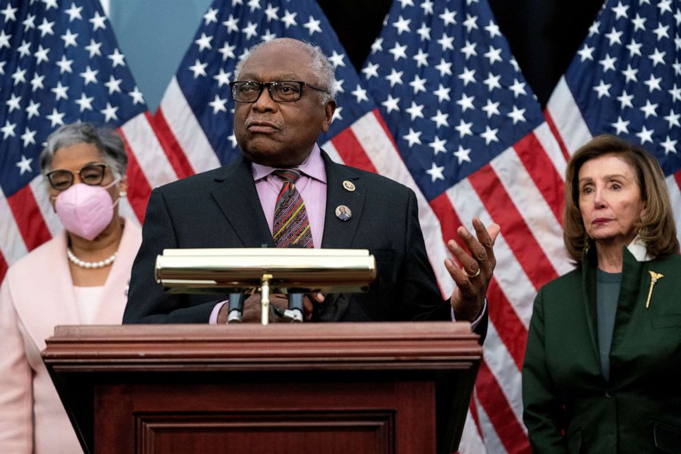 PHOTO: House Majority Whip James Clyburn (D-SC) addresses reporters during a press conference to unveil the Joseph H. Rainey Room, on Capitol Hill in Washington, DC, Feb. 3, 2022.
