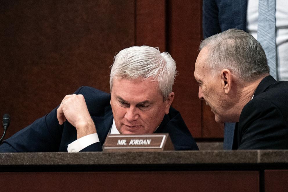 PHOTO: House Oversight and Accountability Committee Chairman James Comer speaks with Rep. Andy Biggs during a hearing on "Rightsizing Federal Government," on Capitol Hill, Feb. 5, 2025 in Washington.