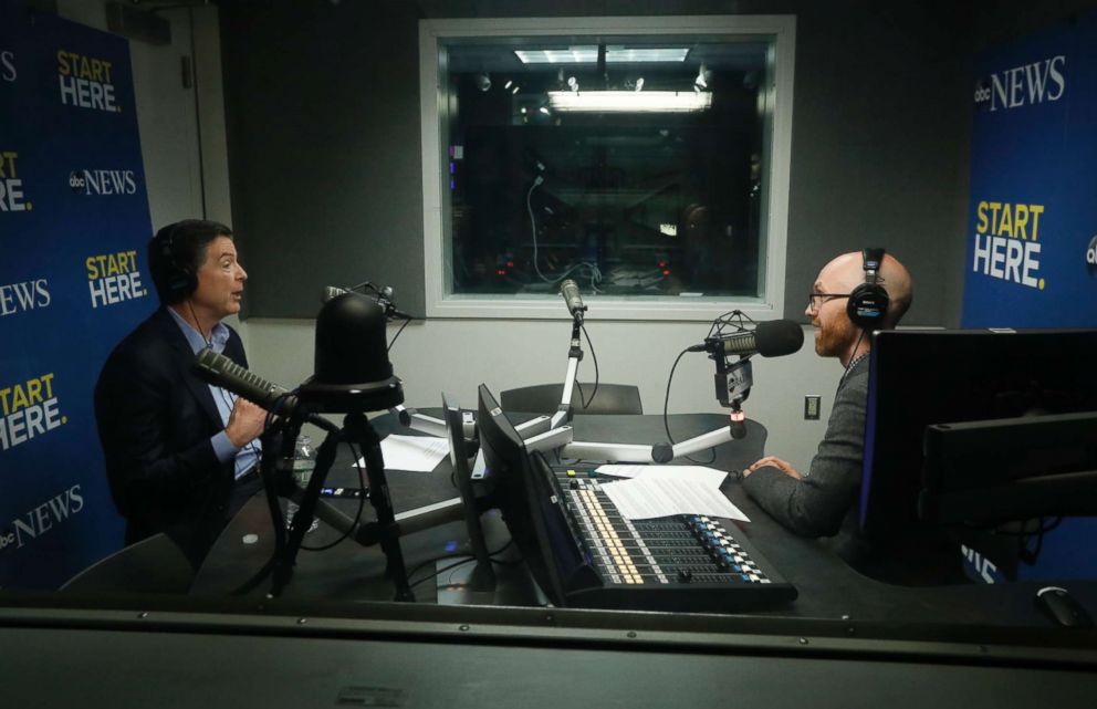 PHOTO: Former FBI Director James Comey speaks to host Brad Mielke on ABC News' "Start Here" podcast on April 17, 2018.