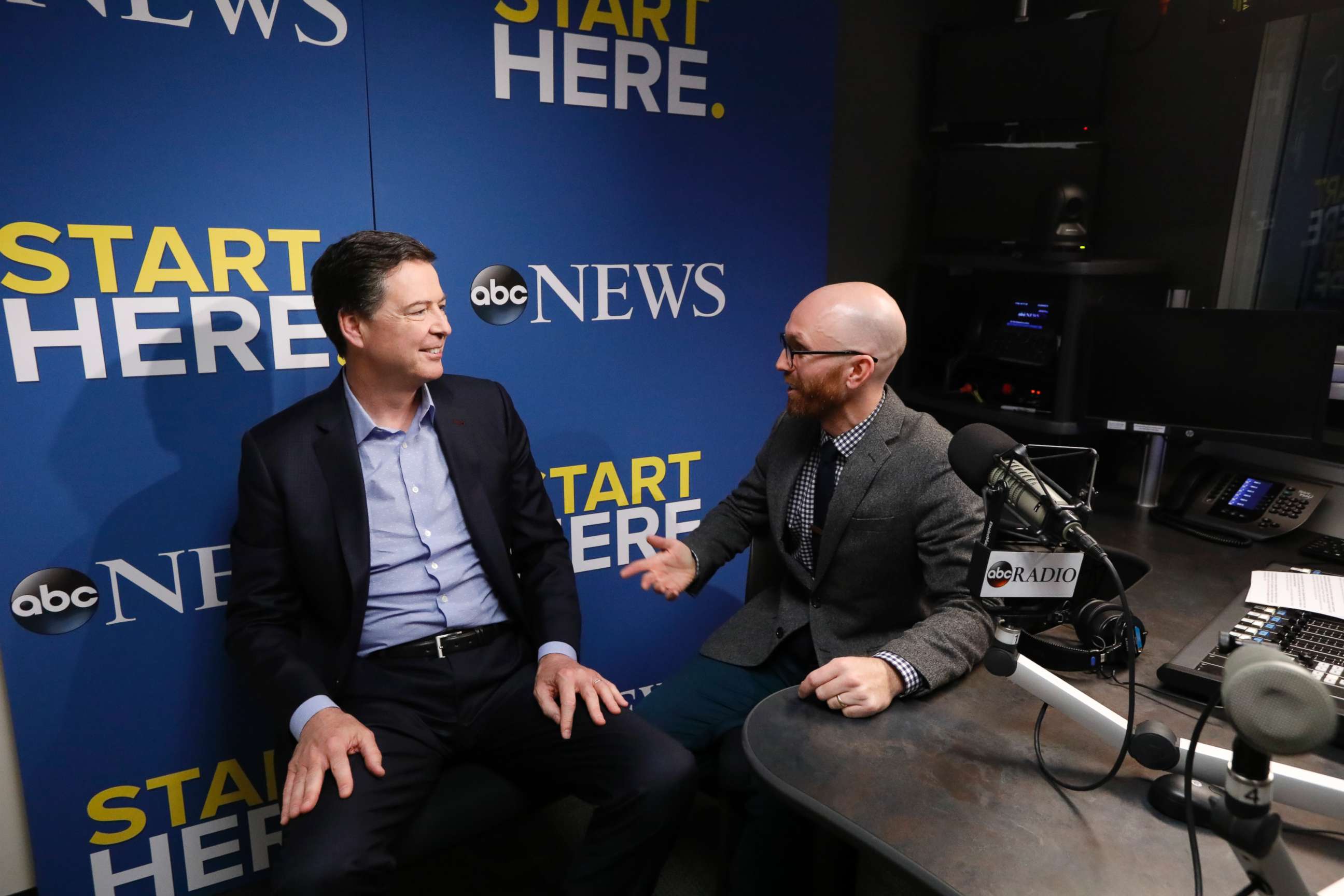 PHOTO: Former FBI Director James Comey speaks to host Brad Mielke on ABC News' "Start Here" podcast on April 17, 2018.