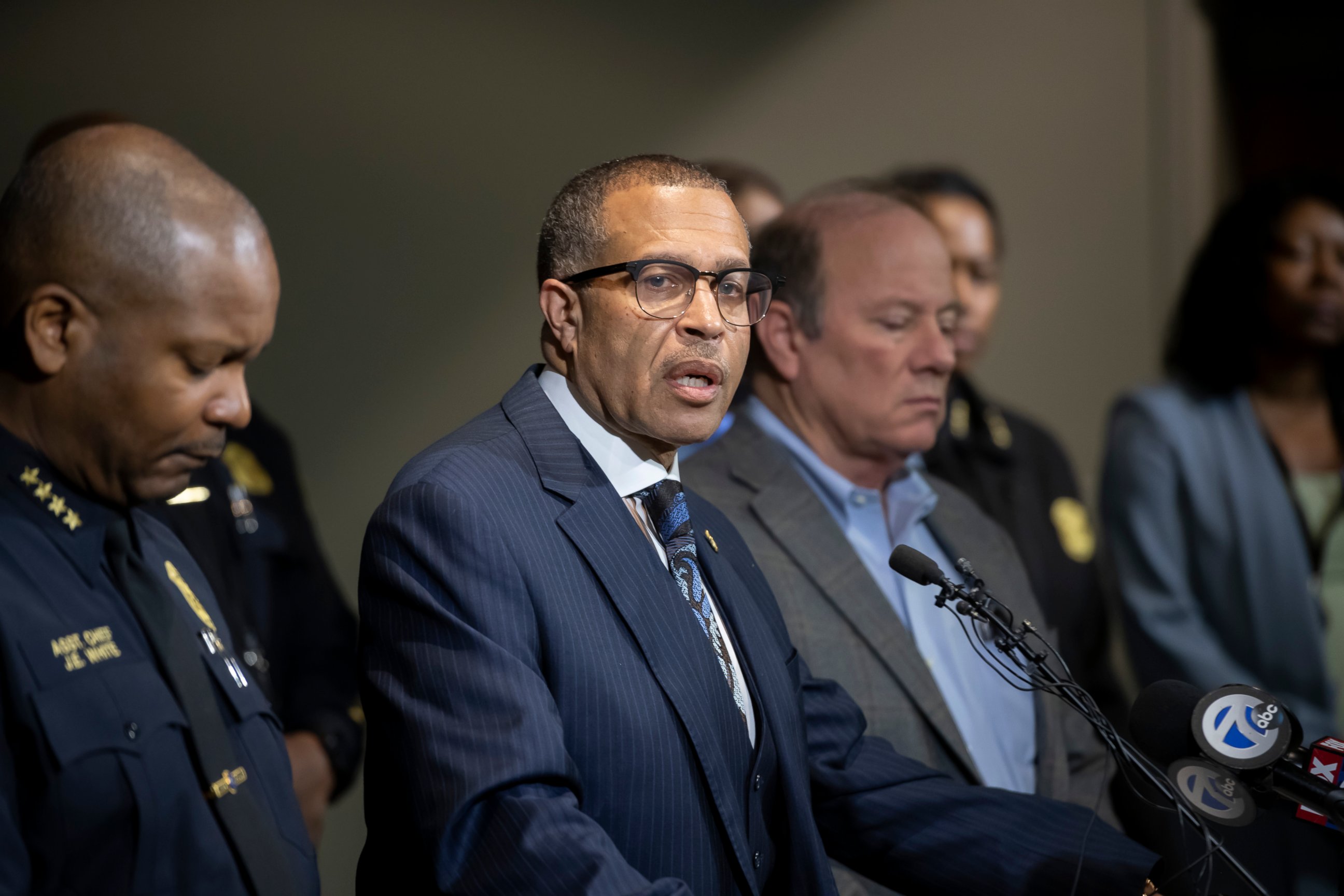 PHOTO: In this Nov. 21, 2019, file photo, Detroit Police Chief James Craig, second left, speaks to the media at Detroit Public Safety Headquarters in Detroit.
