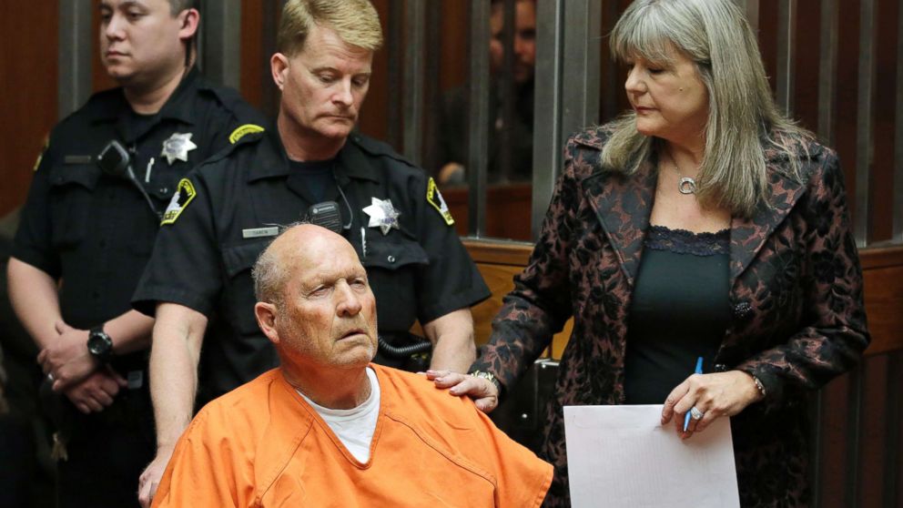 PHOTO: James Joseph DeAngelo, 72, who authorities suspect is the so-called Golden State Killer is accompanied by public defender Diane Howard as he makes his first appearance, April 27, 2018, in Sacramento County Superior Court in Sacramento, Calif.