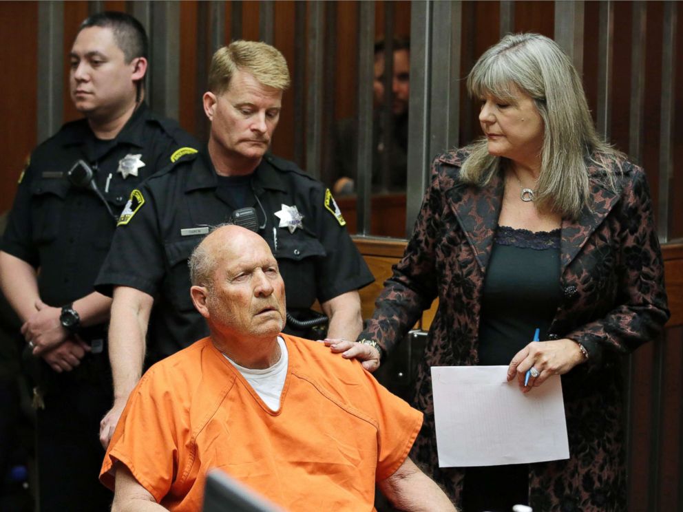 PHOTO: James Joseph DeAngelo, 72, who authorities suspect is the so-called Golden State Killer is accompanied by public defender Diane Howard as he makes his first appearance, April 27, 2018, in Sacramento County Superior Court in Sacramento, Calif.