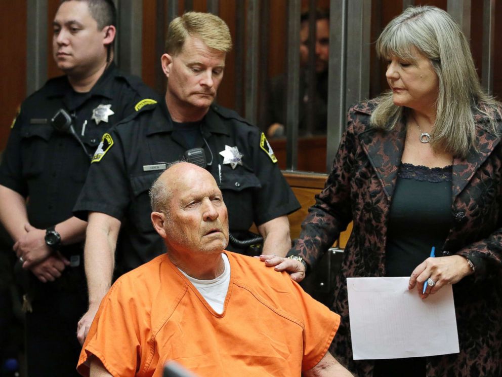 PHOTO: James Joseph DeAngelo, 72, who authorities suspect is the so-called Golden State Killer is accompanied by public defender Diane Howard as he makes his first appearance, April 27, 2018, in Sacramento County Superior Court in Sacramento, Calif.