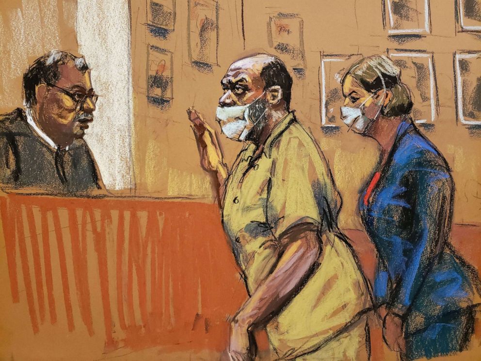 PHOTO: Frank James, charged with last month's mass shooting in a Brooklyn subway, is sworn in before pleading not guilty to terrorism and weapons charges in a courtroom in New York, May 13, 2022, in this courtroom sketch. 
