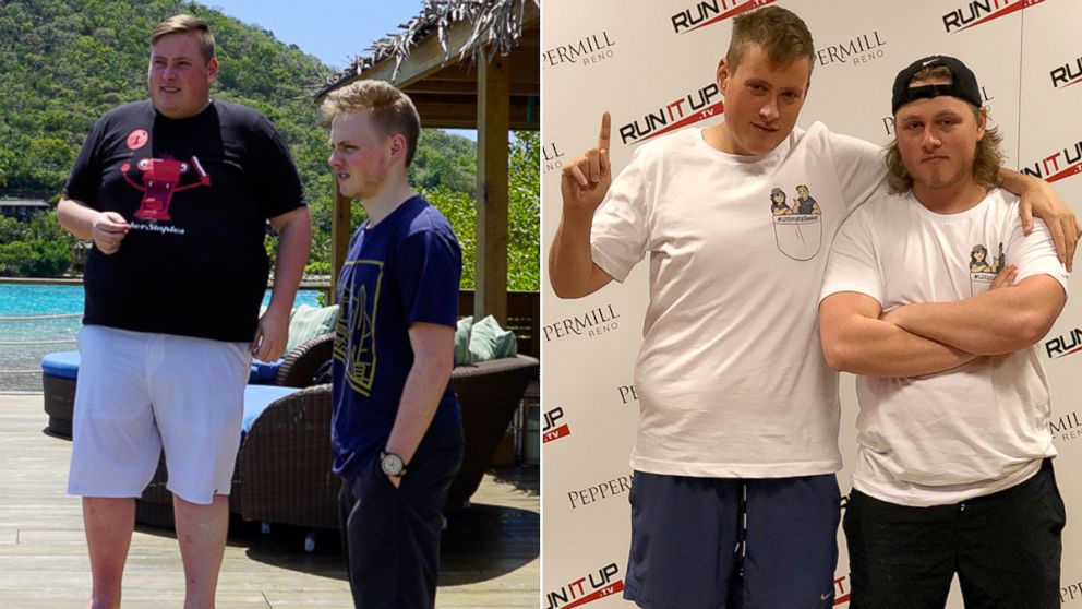 PHOTO: Brothers Jamie Staples, left, and Matt Staples are photographed here before and after they dramatically transformed their weight together to win a $150,000 bet. 